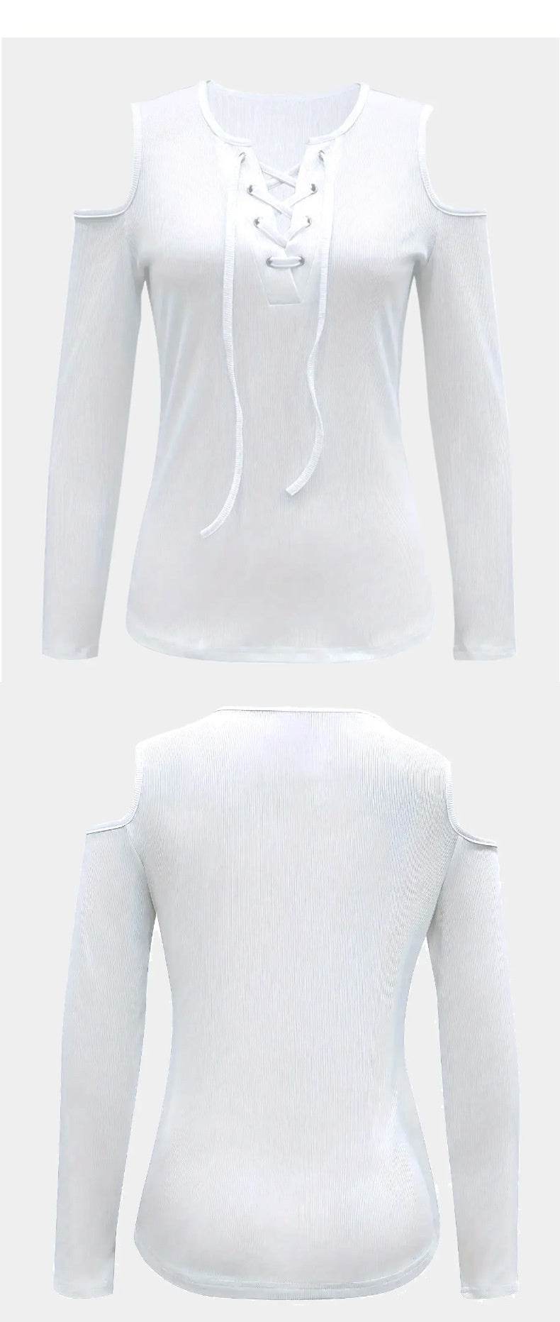 Women's V-neck Cut Shoulder Drawstring Tie Up T-shirt MuddyStock
