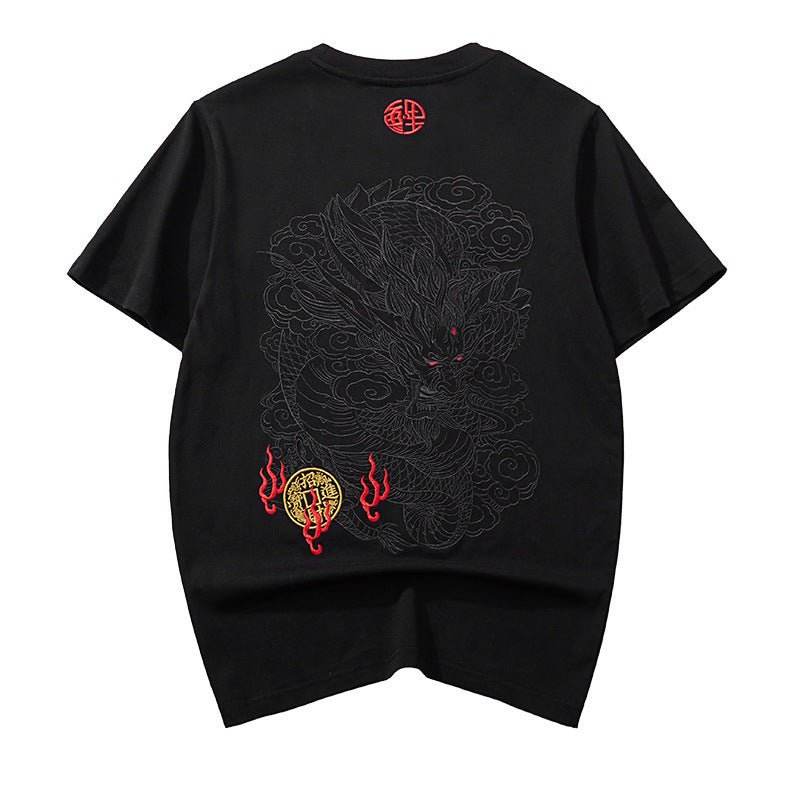 Black thread embroidery dragon pattern short sleeved T-shirt | MuddyStock Originals MuddyStock