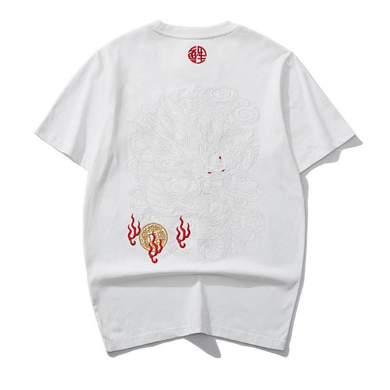 Black thread embroidery dragon pattern short sleeved T-shirt | MuddyStock Originals white MuddyStock