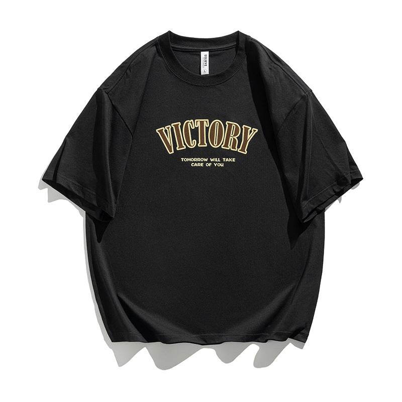 Men's Retro Alphabet Embroidered Short-sleeved T-shirt Black MuddyStock