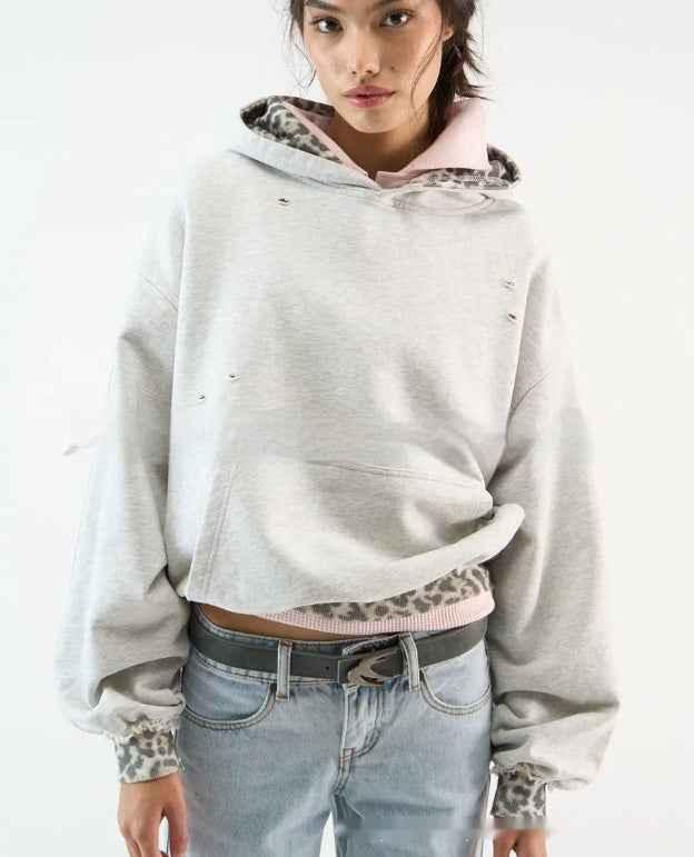 Hoodie With Fake Two-piece Design For Women White Flower Gray