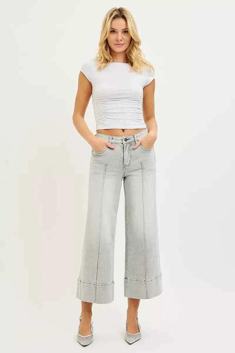 RISEN Mid Rise Crop Wide Pintuck Jeans For Women