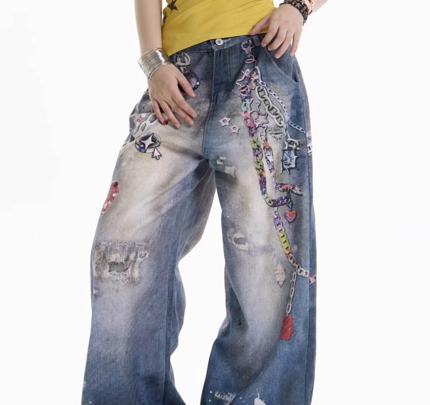 American Retro Cartoon Chain Printed Jeans For Women MuddyStock