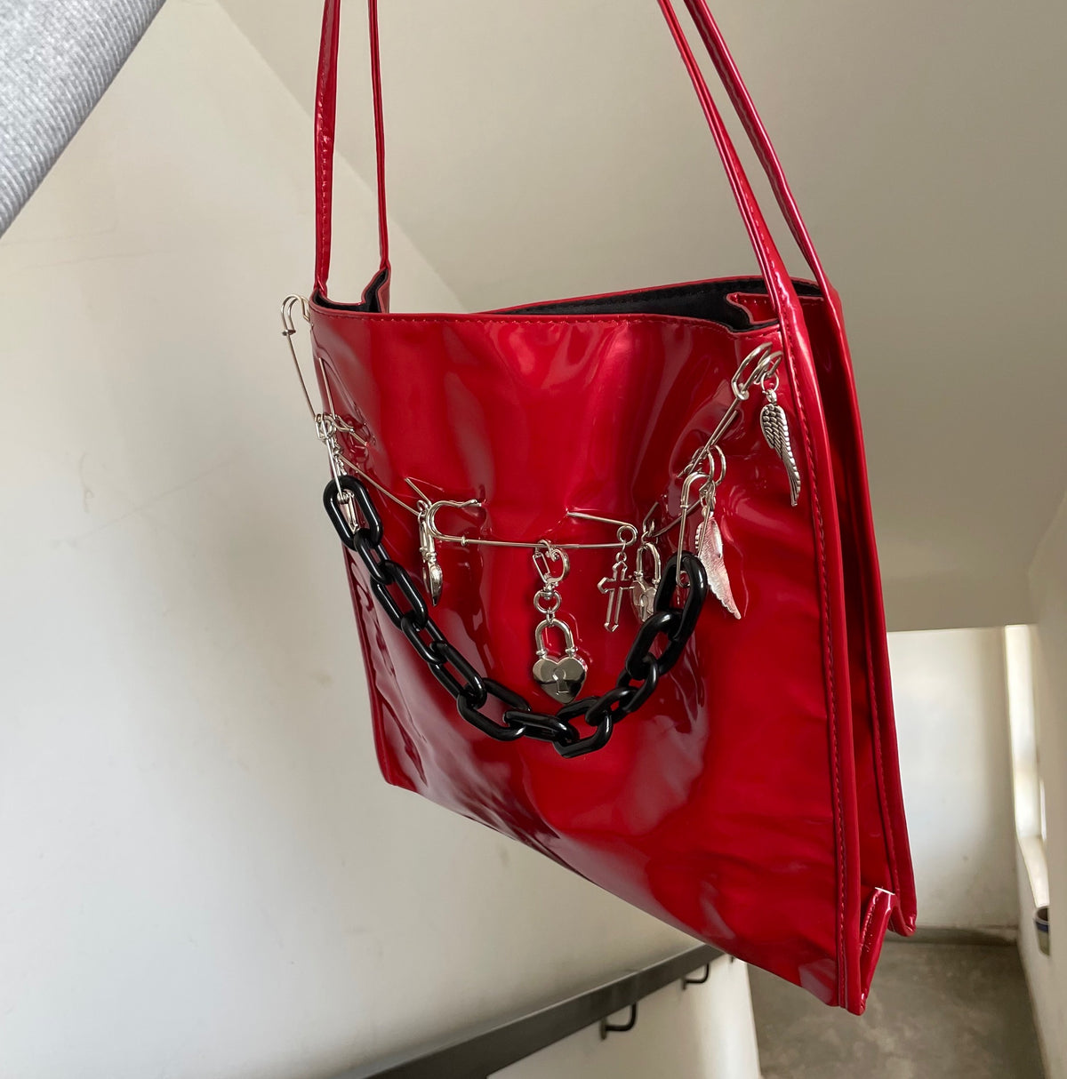Retro Punk Subculture Y2k Millennium Patent Red Shoulder Bag