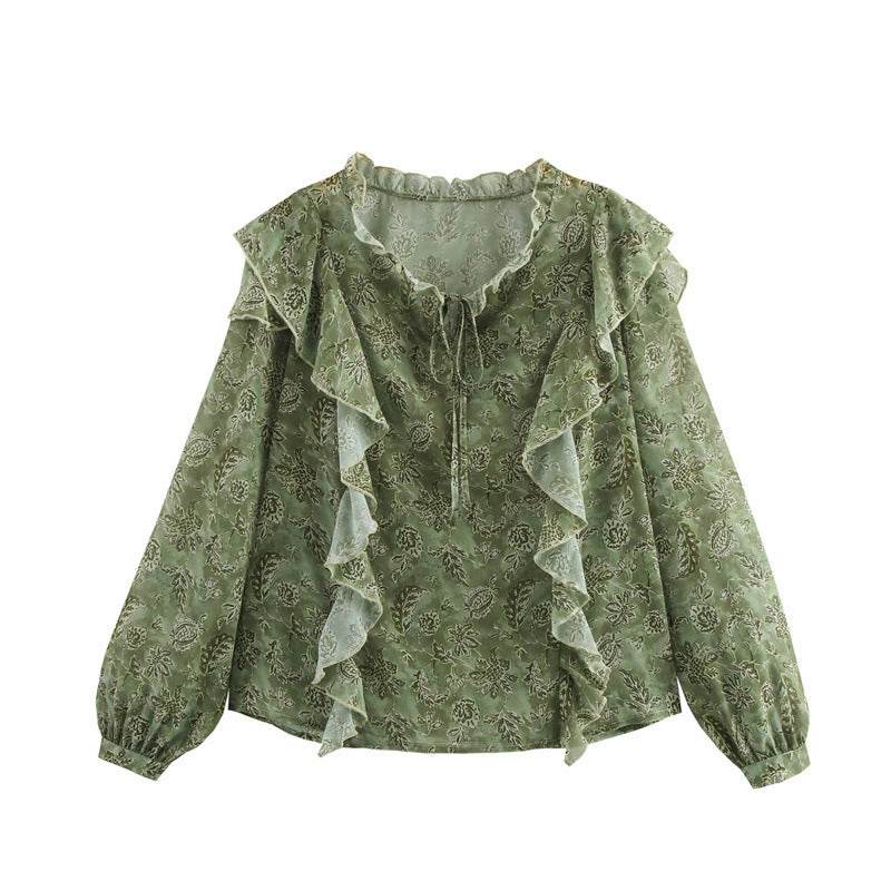 Laminated Decoration Gentle And Stylish Printed Round Neck Shirt Picture Color MuddyStock