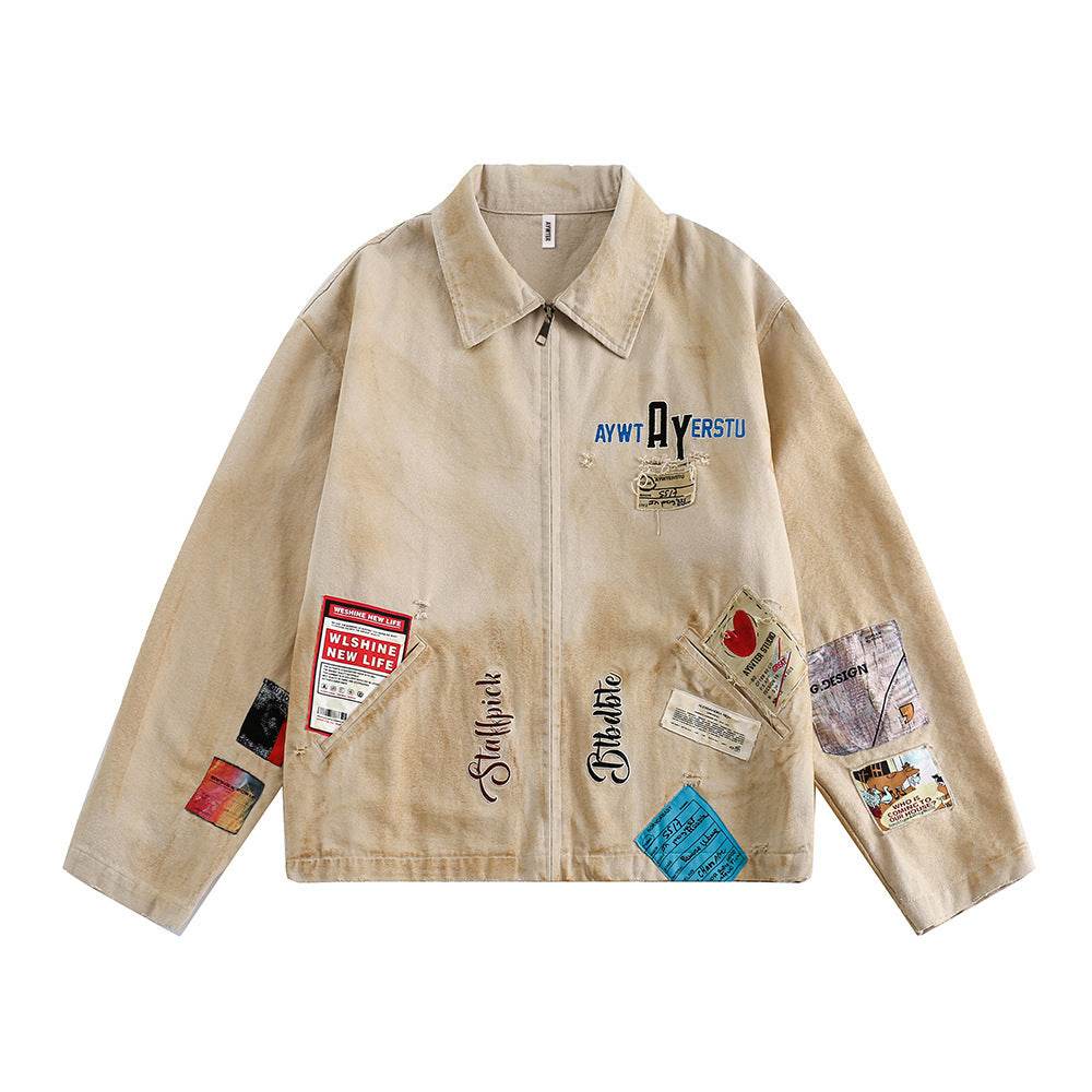 Embroidered Lapel Workwear Jacket For Men Khaki MuddyStock