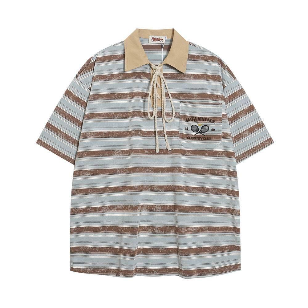 Striped Polo Shirt Casual Short-sleeved Top For Men And Women Yellow MuddyStock