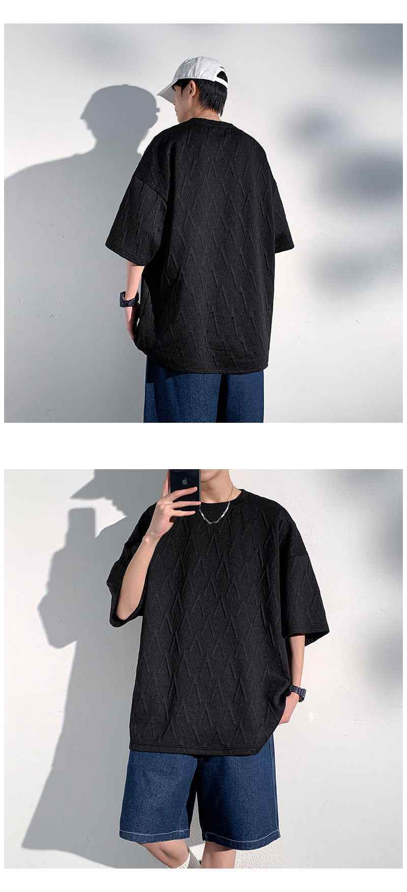 Mid-sleeve Bottoming Shirt Men's Round Neck Jacquard Solid Color Plus Size T-shirt MuddyStock