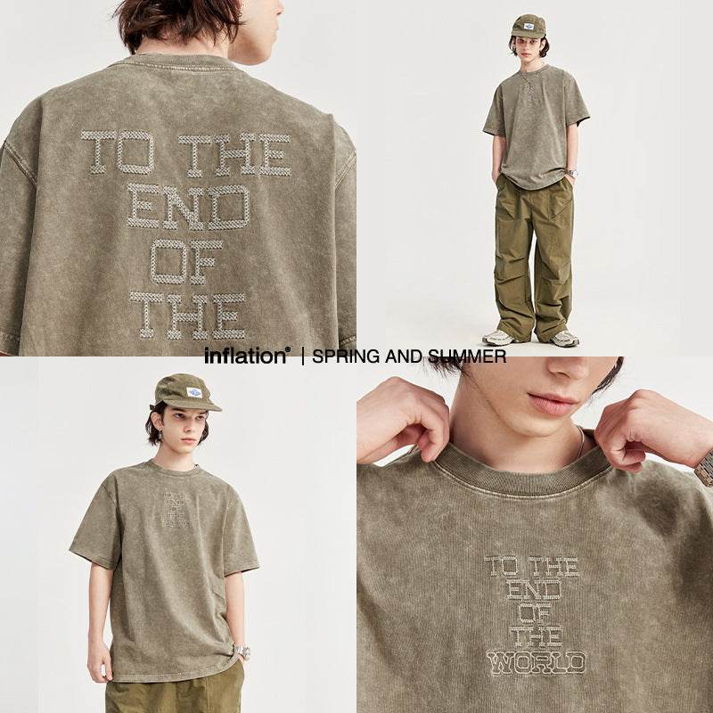 Men's Street Retro Washed Embroidered T-shirt MuddyStock