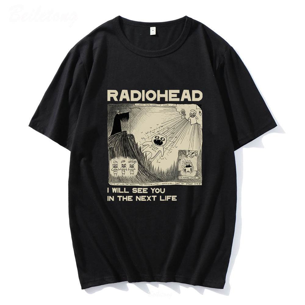 Fun Band Print Pattern Round Neck Short Sleeve Men's Black MuddyStock