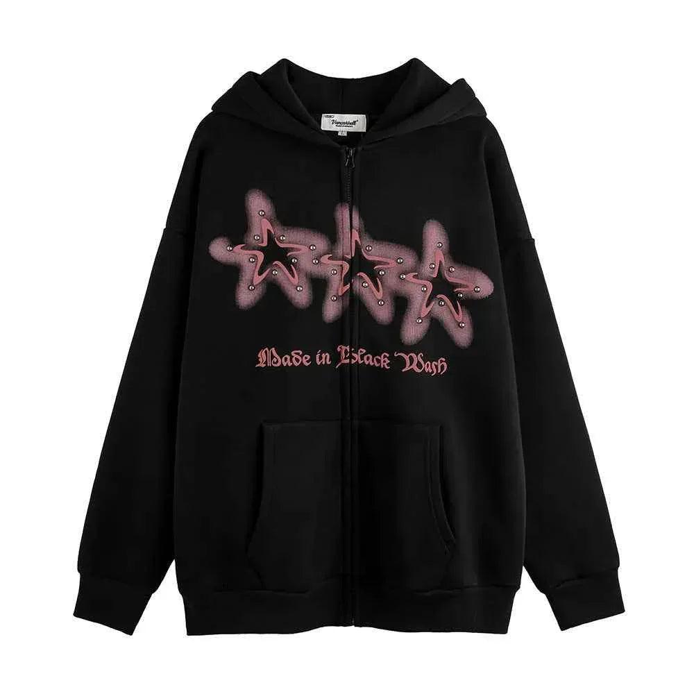 High Street Niche Five-pointed Star Brushed Hoodie For Women Black