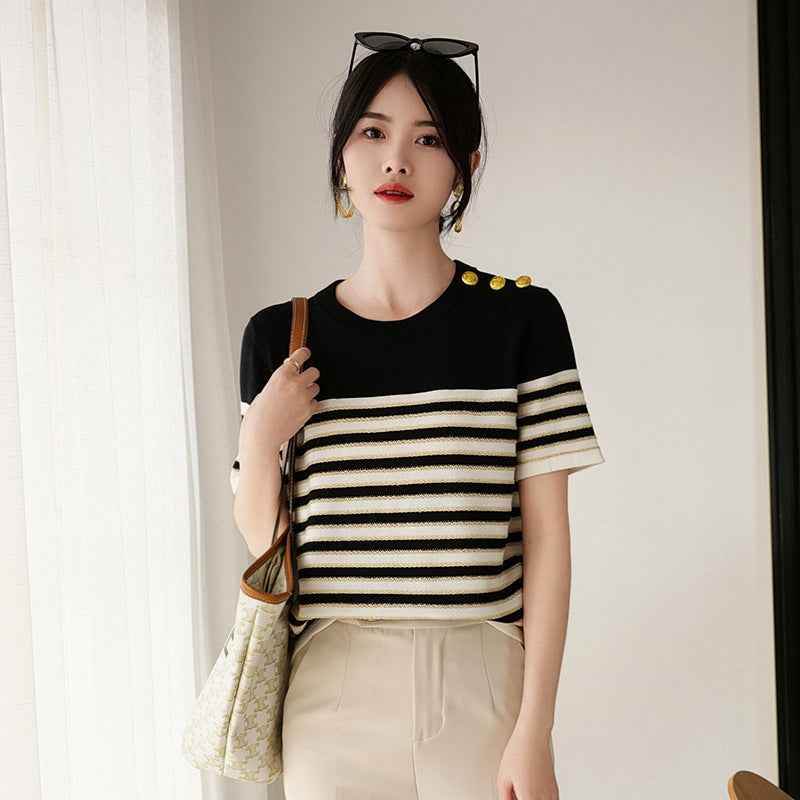 Knitted Short-sleeved Loose Striped T-shirt MuddyStock