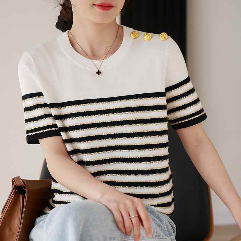 Knitted Short-sleeved Loose Striped T-shirt MuddyStock