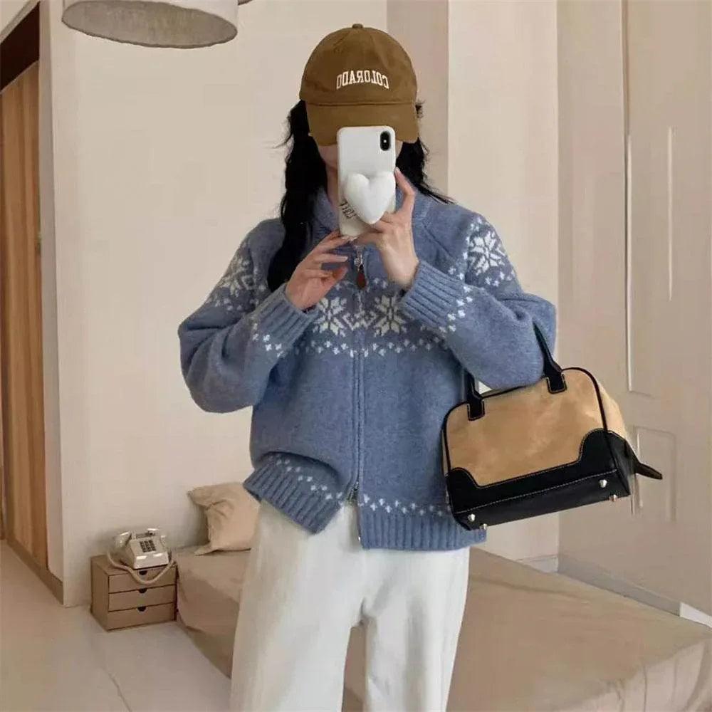 Retro Contrast Color Jacquard Weave Zip Sweater Women's Coat Light Blue Free Size