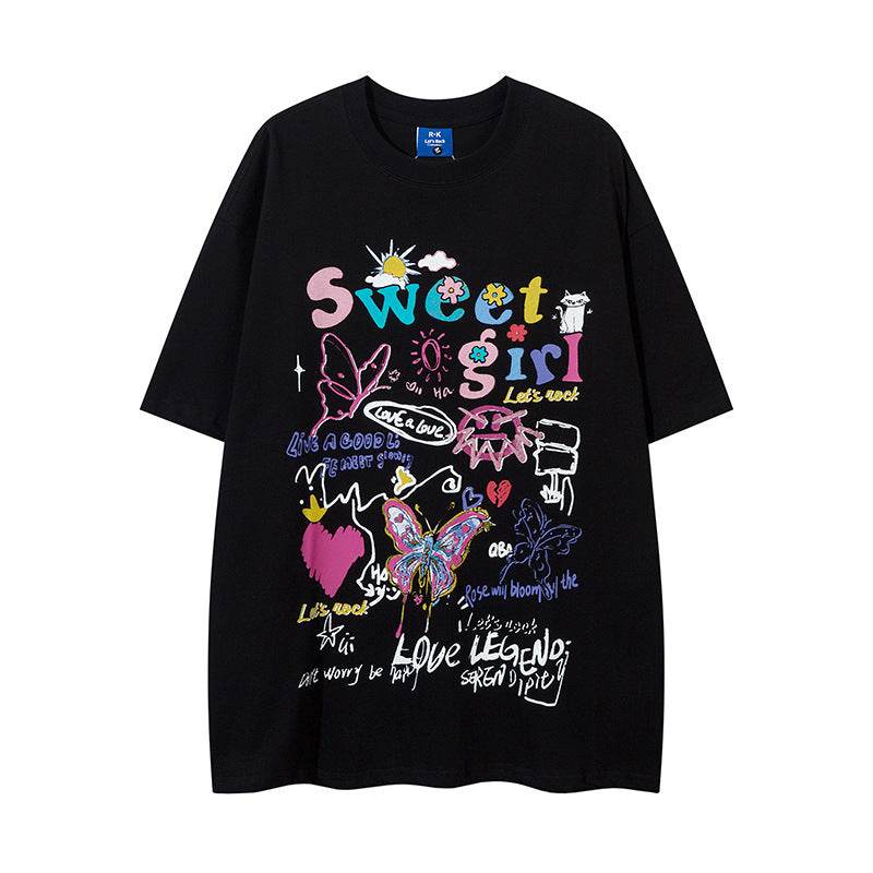 Butterfly Graffiti Printing Short Sleeve For Men And Women Black MuddyStock
