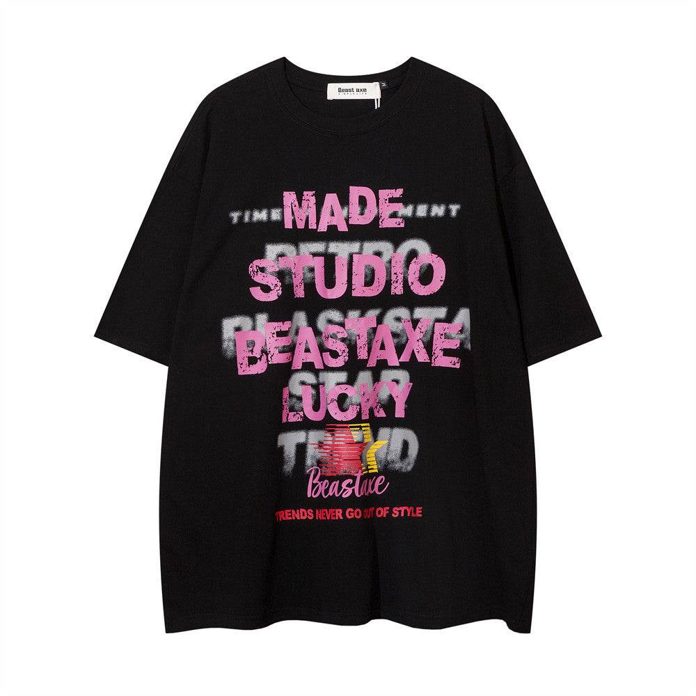 Letter Printed Loose T-shirt For Men And Women Black MuddyStock