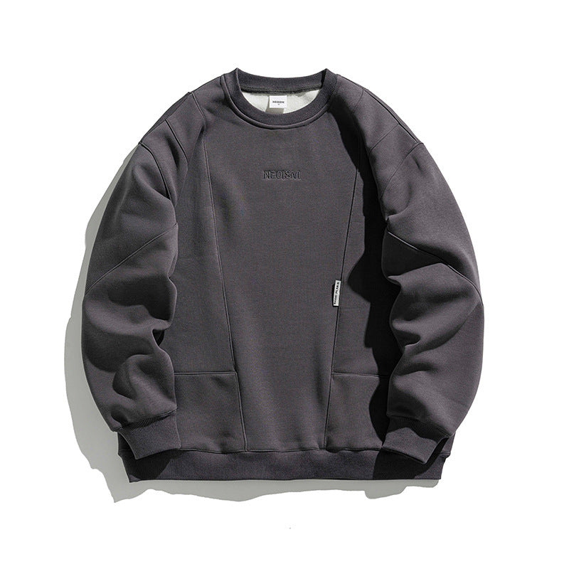 Men's Vintage Embroidery Fleece-lined Crew Neck Sweater Dark Gray