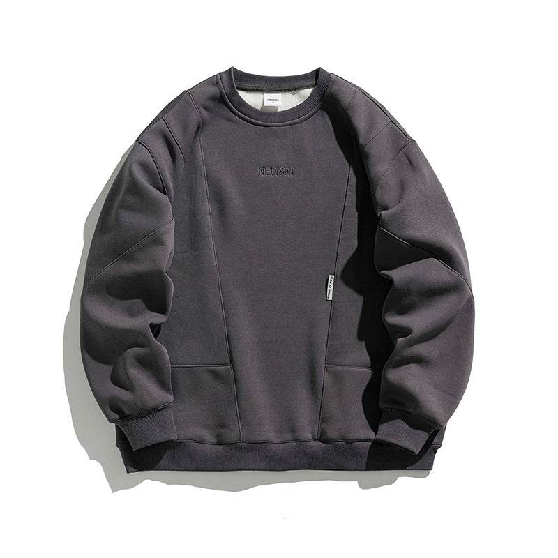 Men's Vintage Embroidery Fleece-lined Crew Neck Sweater Dark Gray MuddyStock
