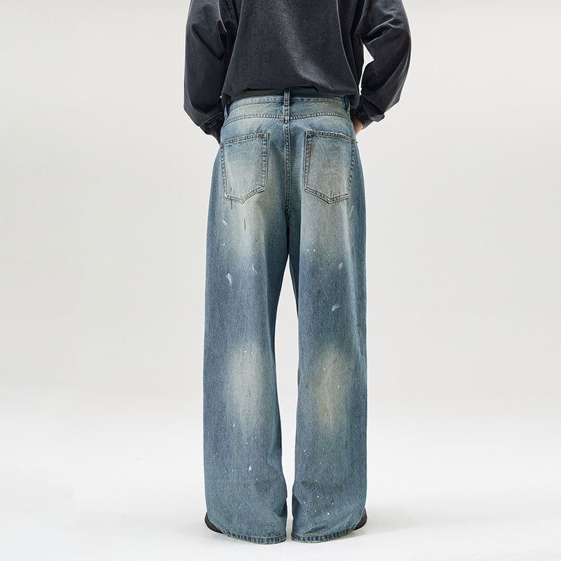 American-style Splash-ink Washed Loose Jeans For Men MuddyStock