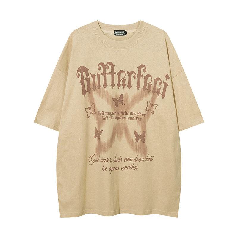 American High Street Butterfly Printed T-shirt For Men And Women Apricot MuddyStock