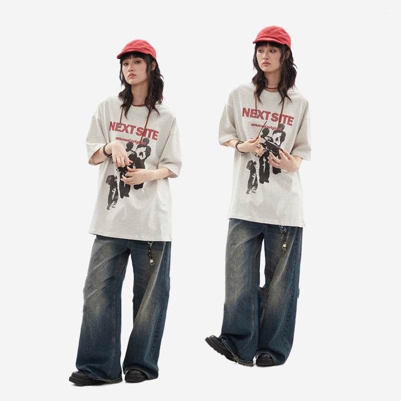 Character Abstract Graphic Print Crew Neck Short Sleeve For Women MuddyStock