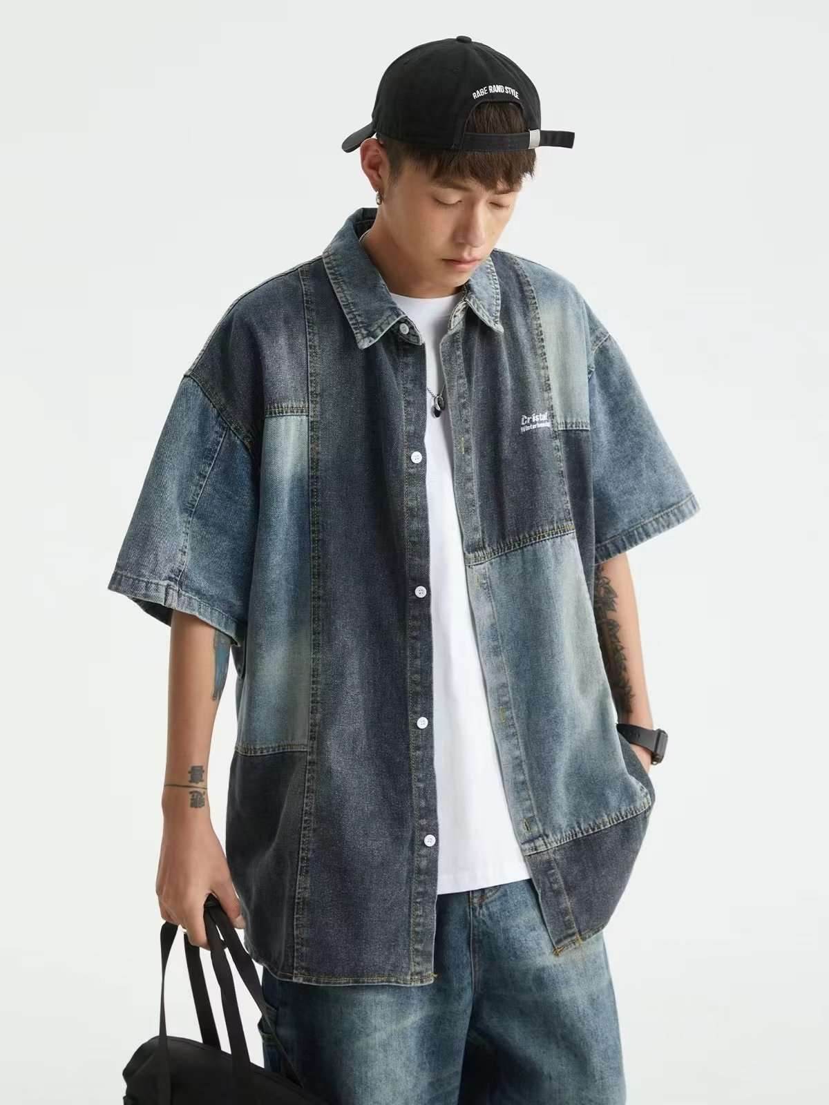 Japanese-style Retro Washed Stitching Denim Shirt Men MuddyStock