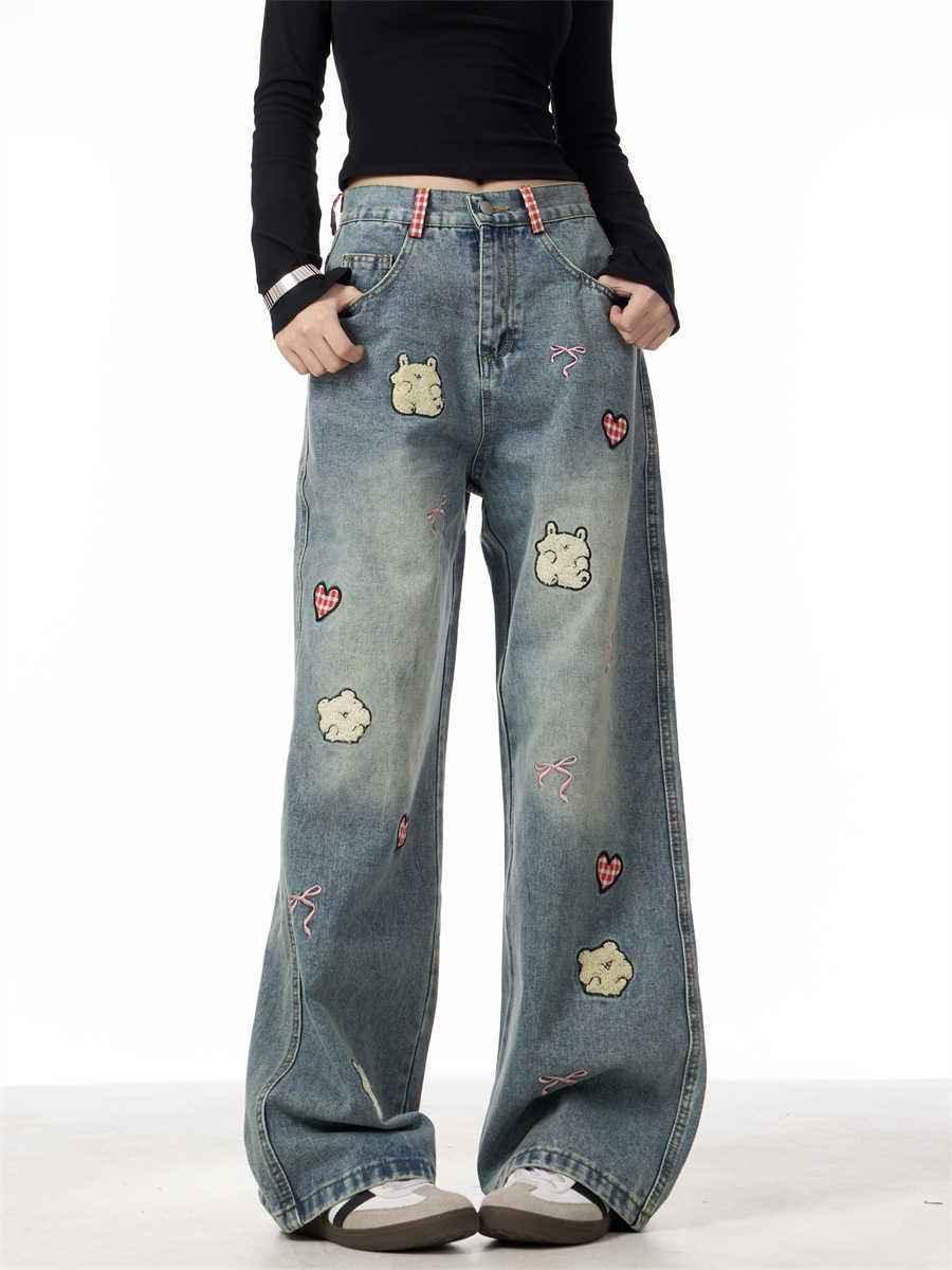 Lamb Embroidery Retro Straight-leg Pants For Women Blue