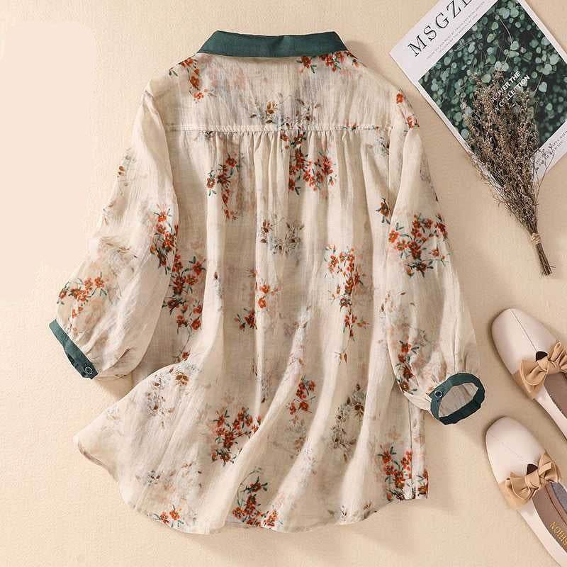 Cotton And Linen Top Women's Loose Printed Linen Shirt MuddyStock