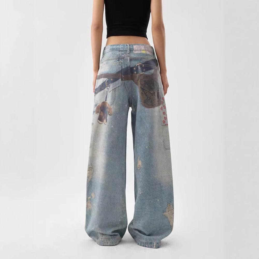 Women's American-style Retro Washed Wide-leg Pants