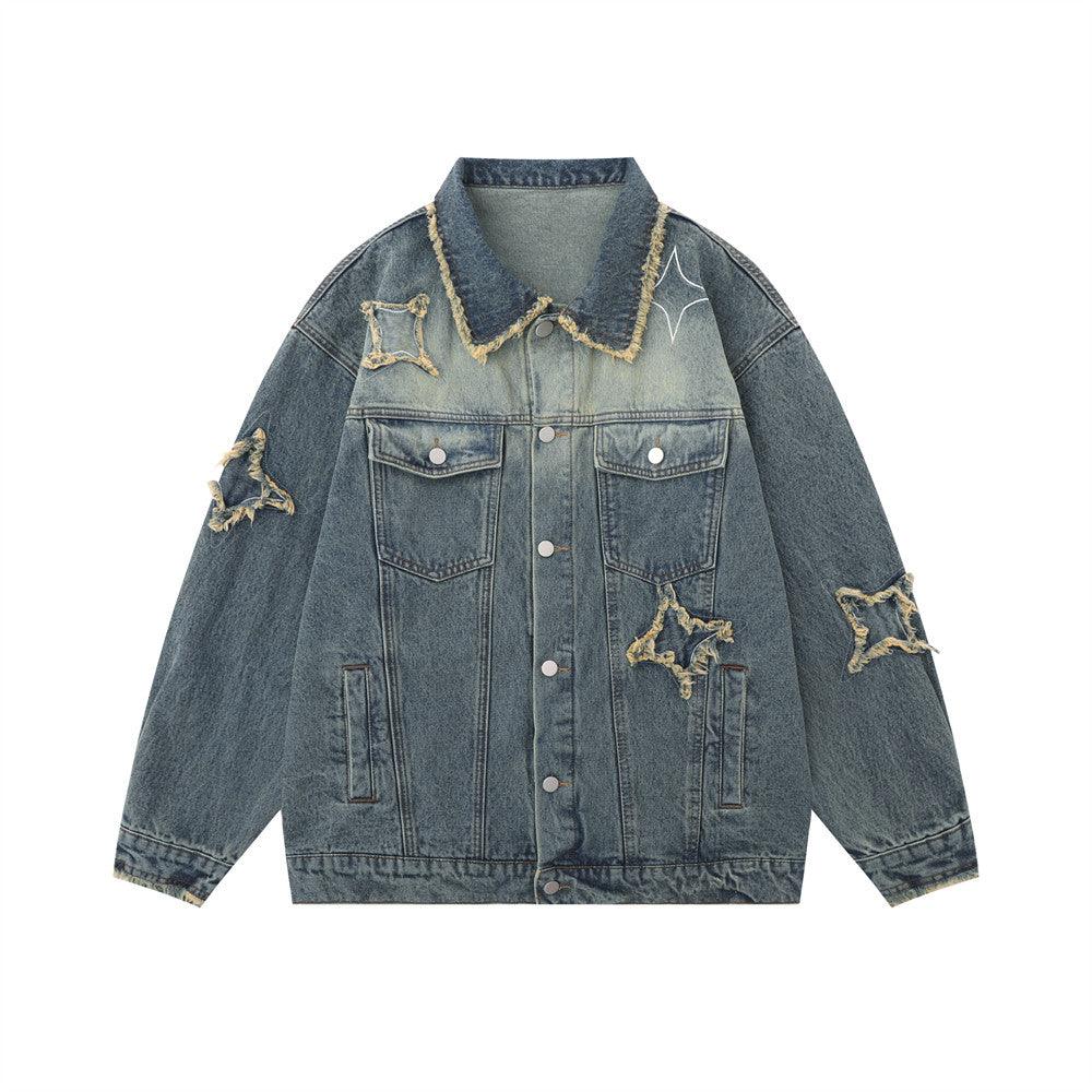 Five-pointed Star Patch Cat Beard Denim Washed Distressed Jacket For Women null