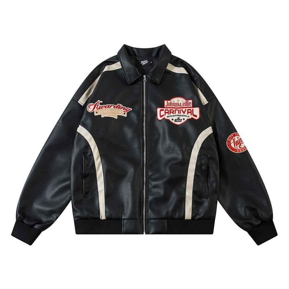 European And American Letters Affixed Cloth Embroidered Loose Jacket For Men And Women Black
