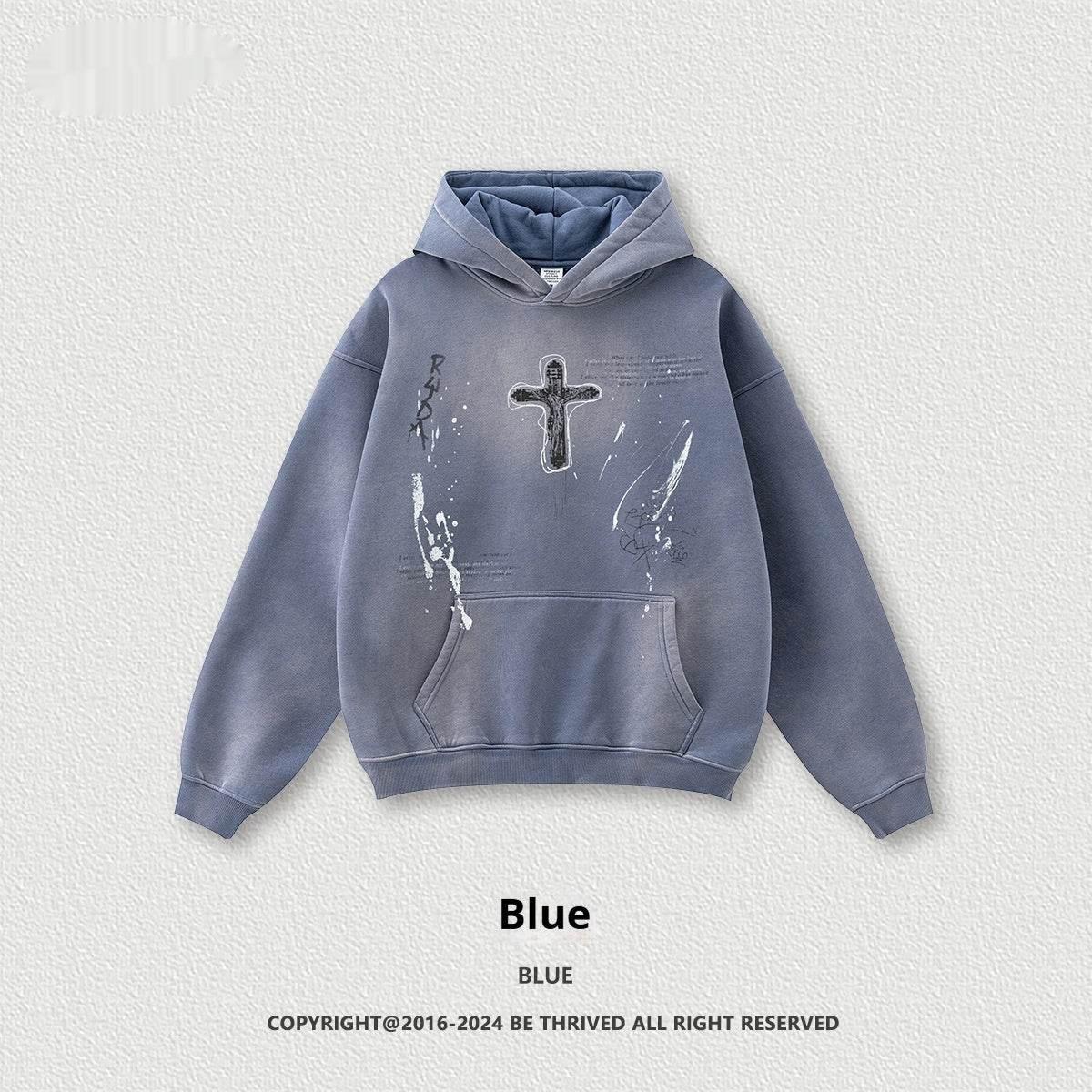 Men's Loose Street Hand-painted Couple Wear Hooded Sweater Blue