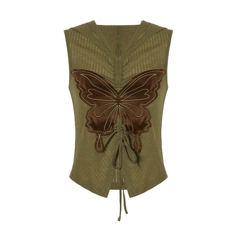 Retro Butterfly Embroidered Top For Women Green MuddyStock