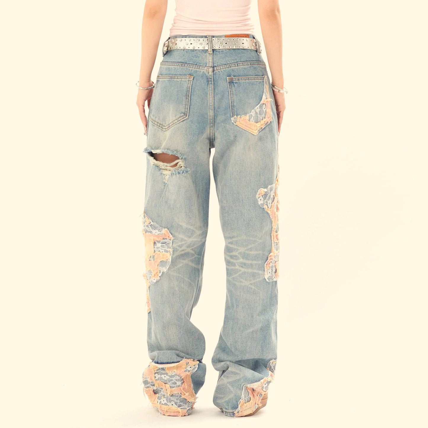 Women's Vintage Lace Stitching Ripped Jeans MuddyStock