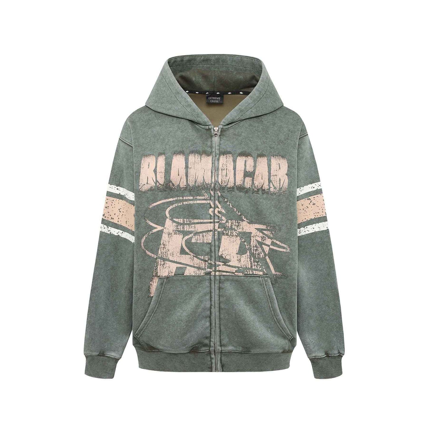 Washed Distressed Letters Printed Hooded Cardigan Sweater Men And Women Green MuddyStock