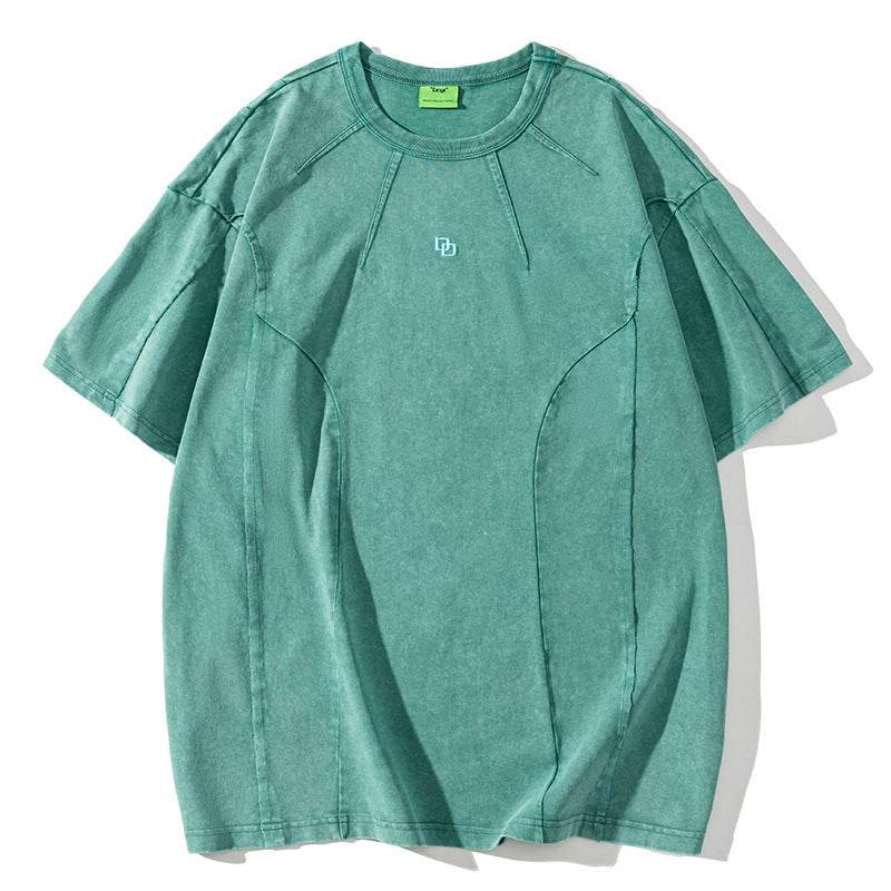 American Washed Patchwork Short-sleeved T-shirt Men Celestite MuddyStock