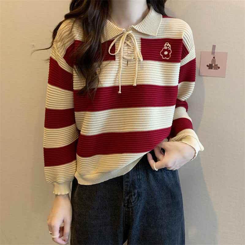 Autumn New Fashion Striped Clothes Women Purplish Red Average Size MuddyStock