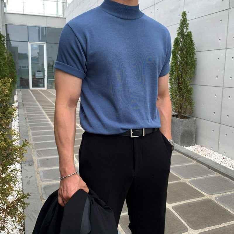 Half Turtleneck Knitted T-shirt Blue
