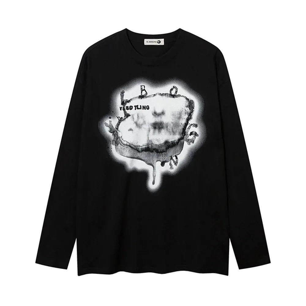 Creative Abstract Pattern Printed Long Sleeve T-shirt For Men And Women Black