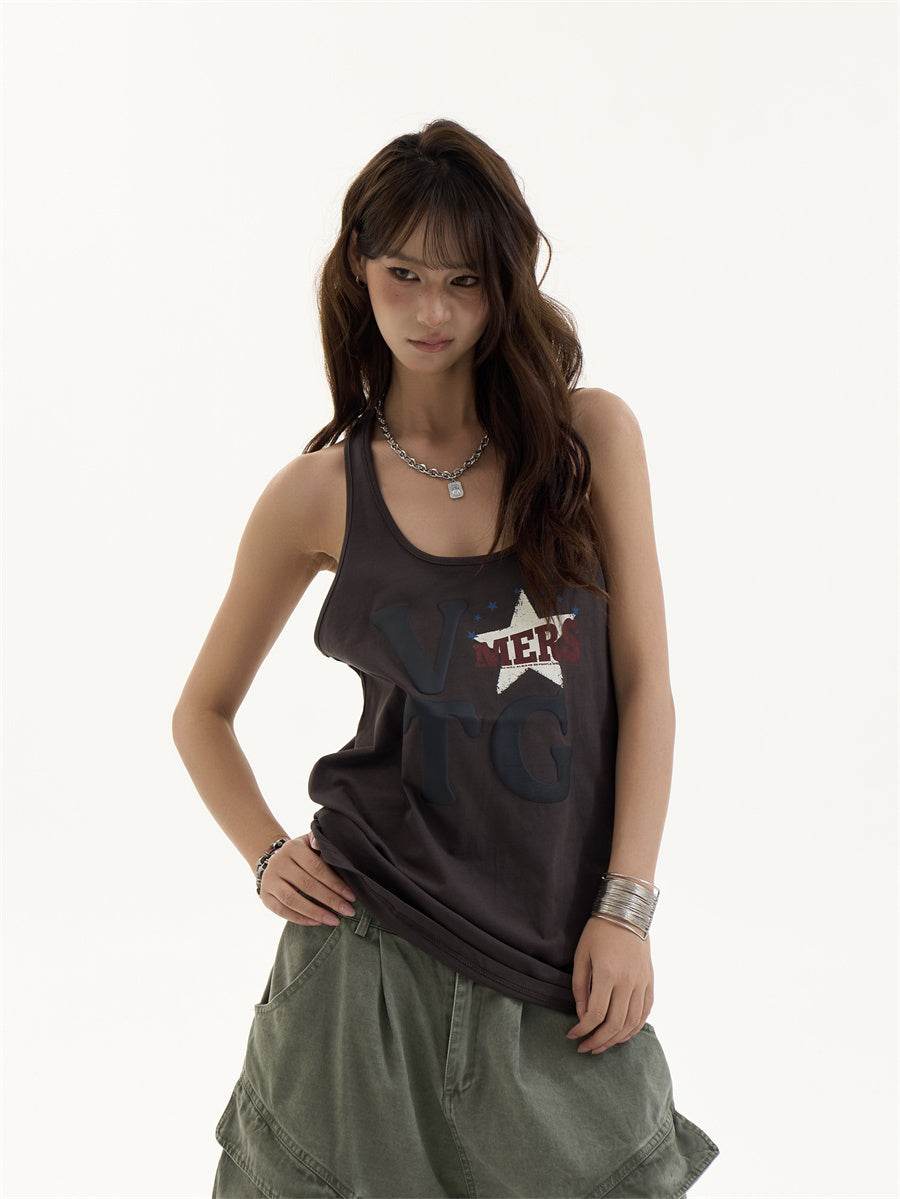 Women's Design Wine Red Printed Sleeveless Vest Dark Grey MuddyStock