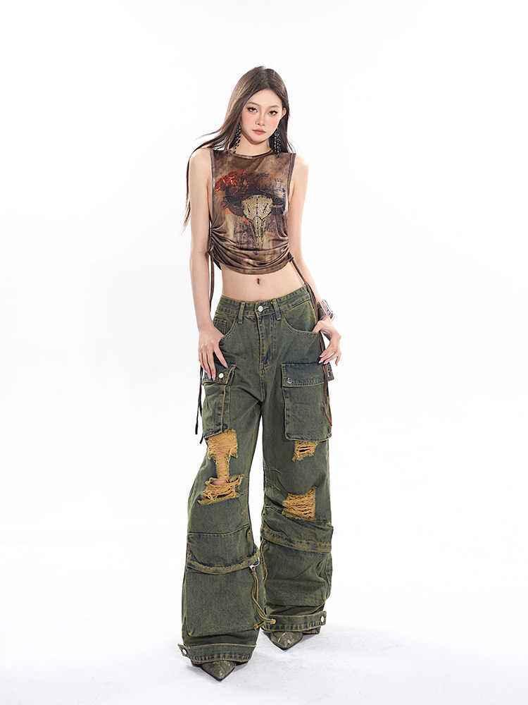 Retro Mopping Waste Jeans Washed And Worn Overalls For Women