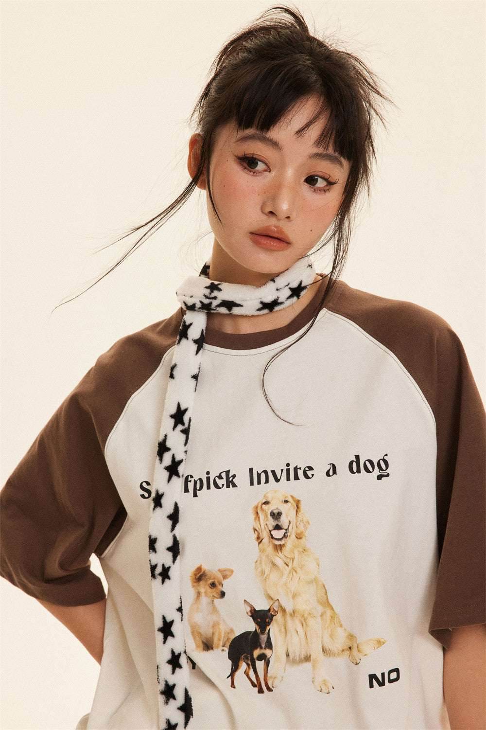 Animal Puppy Printed Color Matching Short Sleeve For Women MuddyStock