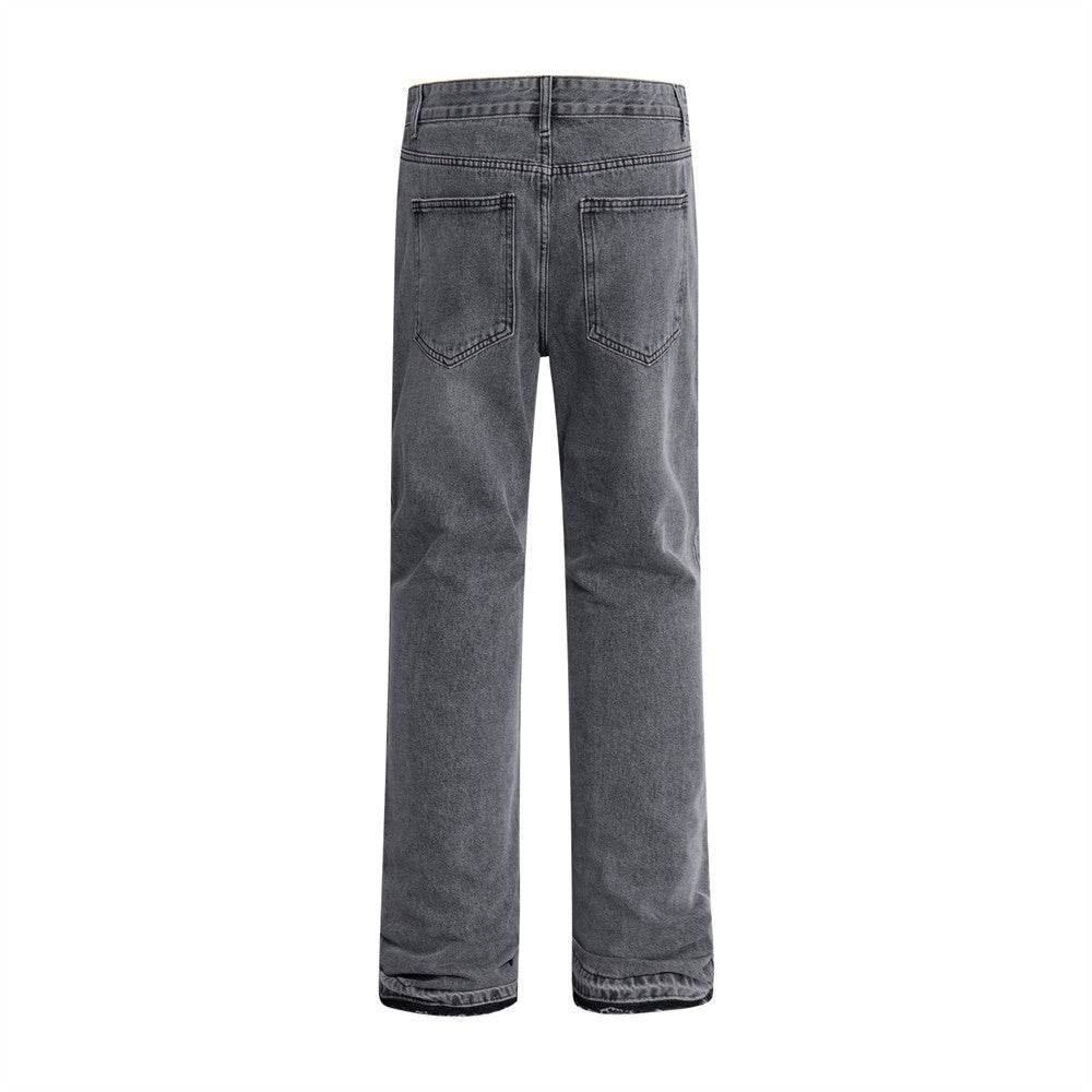 Punk Distressed Wash Raw Edge Denim Trousers For Men MuddyStock