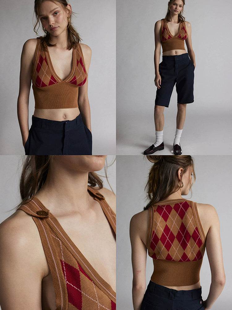 Retro Diamond Short Woolen Vest MuddyStock