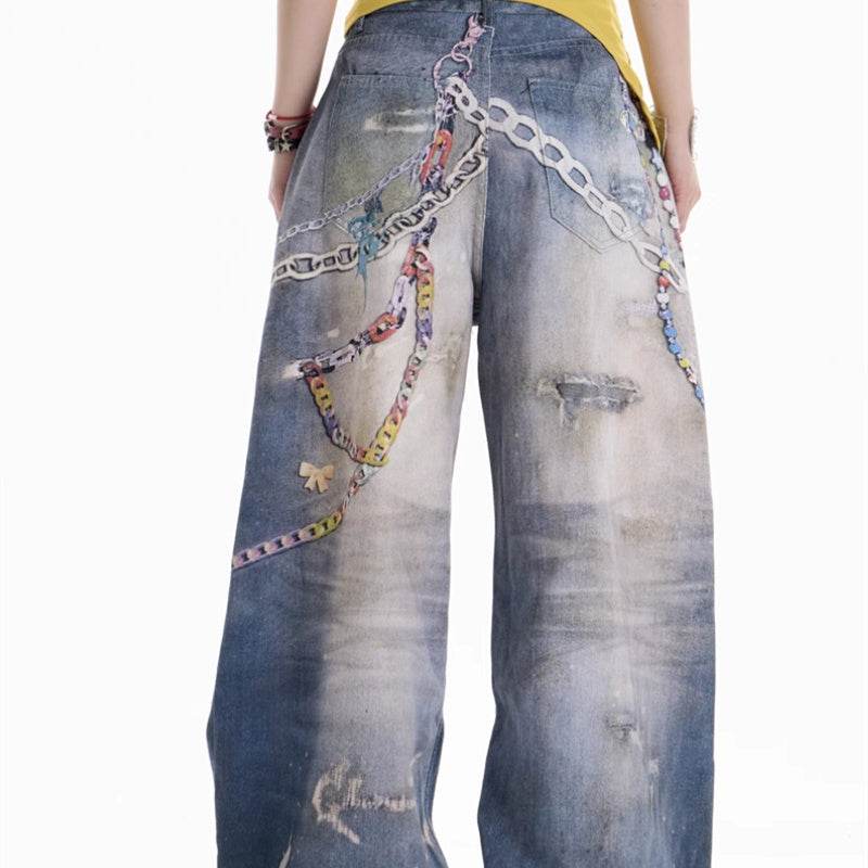 American Retro Cartoon Chain Printed Jeans For Women MuddyStock