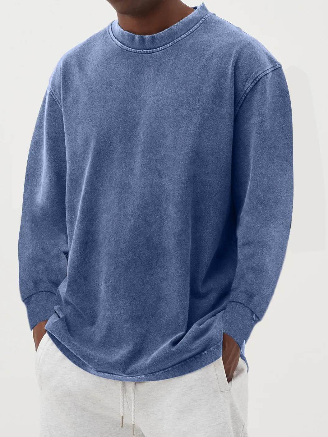Washed Old Solid Color Men's Long-sleeved T-shirt Sky Blue MuddyStock