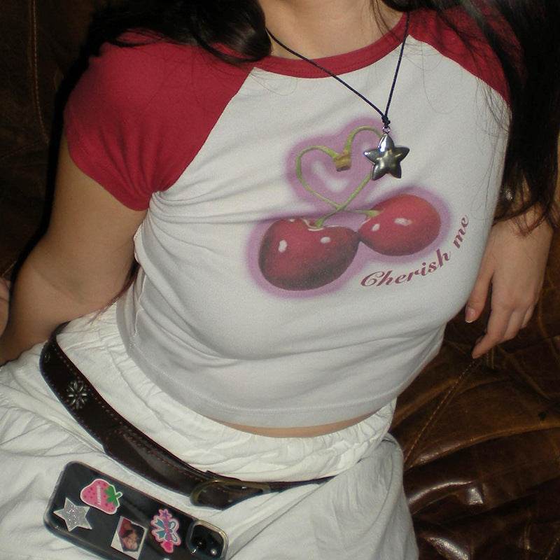 Street Cherry Print Slim-fit T-shirt For Women MuddyStock