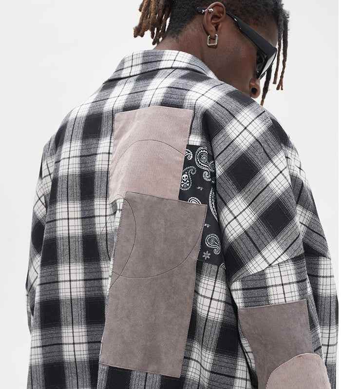 Street Hip Hop Fabric Patchwork Plaid Loose Casual Long Sleeve Shirt For Men null