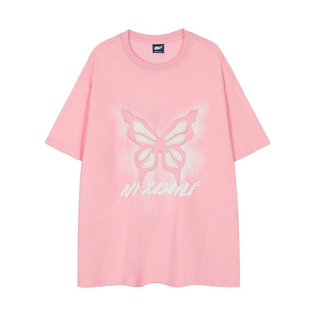 Fashion Butterfly Short-sleeved T-shirt For Women Pink MuddyStock