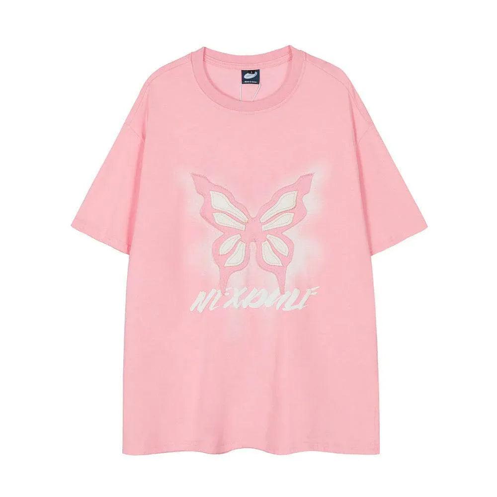 Fashion Butterfly Short-sleeved T-shirt For Women Pink